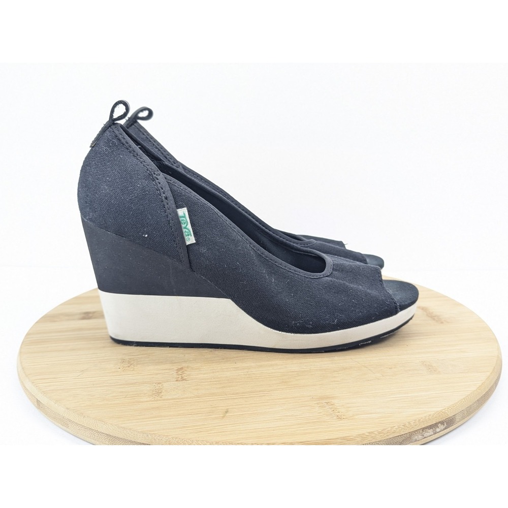 Teva Wedge Heel Womens 8 Peep Toe Slip On Black Mush Promenade Canvas - Picture 3 of 11